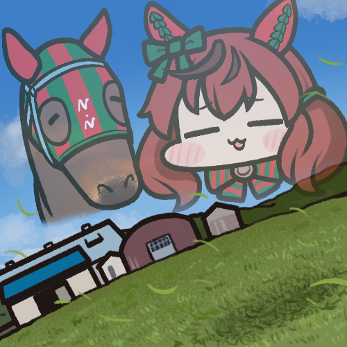 1girl animal_ears barn bow brown_hair chibi closed_eyes clouds commentary dual_persona ear_covers grass grasslands hair_bow hill horse horse_ears horse_girl initial jazz_jack lowres medium_hair nice_nature_(racehorse) nice_nature_(umamusume) projected_inset sky twintails umamusume