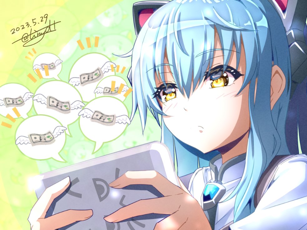 1girl ao_no_kiseki blue_hair bob_cut brooch cat_ear_hairband cellphone dated dollar_bill eiyuu_densetsu hair_between_eyes holding holding_phone jewelry money phone sidelocks signature smartphone tinybiard tio_plato twitter_username yellow_eyes zero_no_kiseki