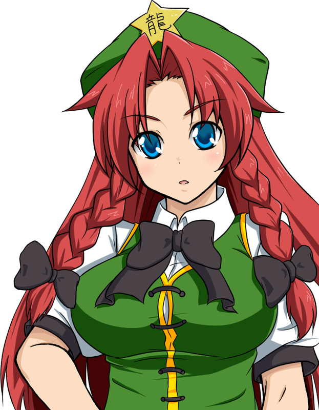 1girl beret black_bow black_bowtie blue_eyes blush bow bowtie braid breasts expressionless green_headwear green_vest hair_bow harukana_(pixiv) hat hong_meiling large_breasts long_hair looking_at_viewer medium_bangs open_mouth parted_bangs puffy_short_sleeves puffy_sleeves redhead shirt short_sleeves side_braids simple_background solo touhou twin_braids upper_body vest white_background white_shirt