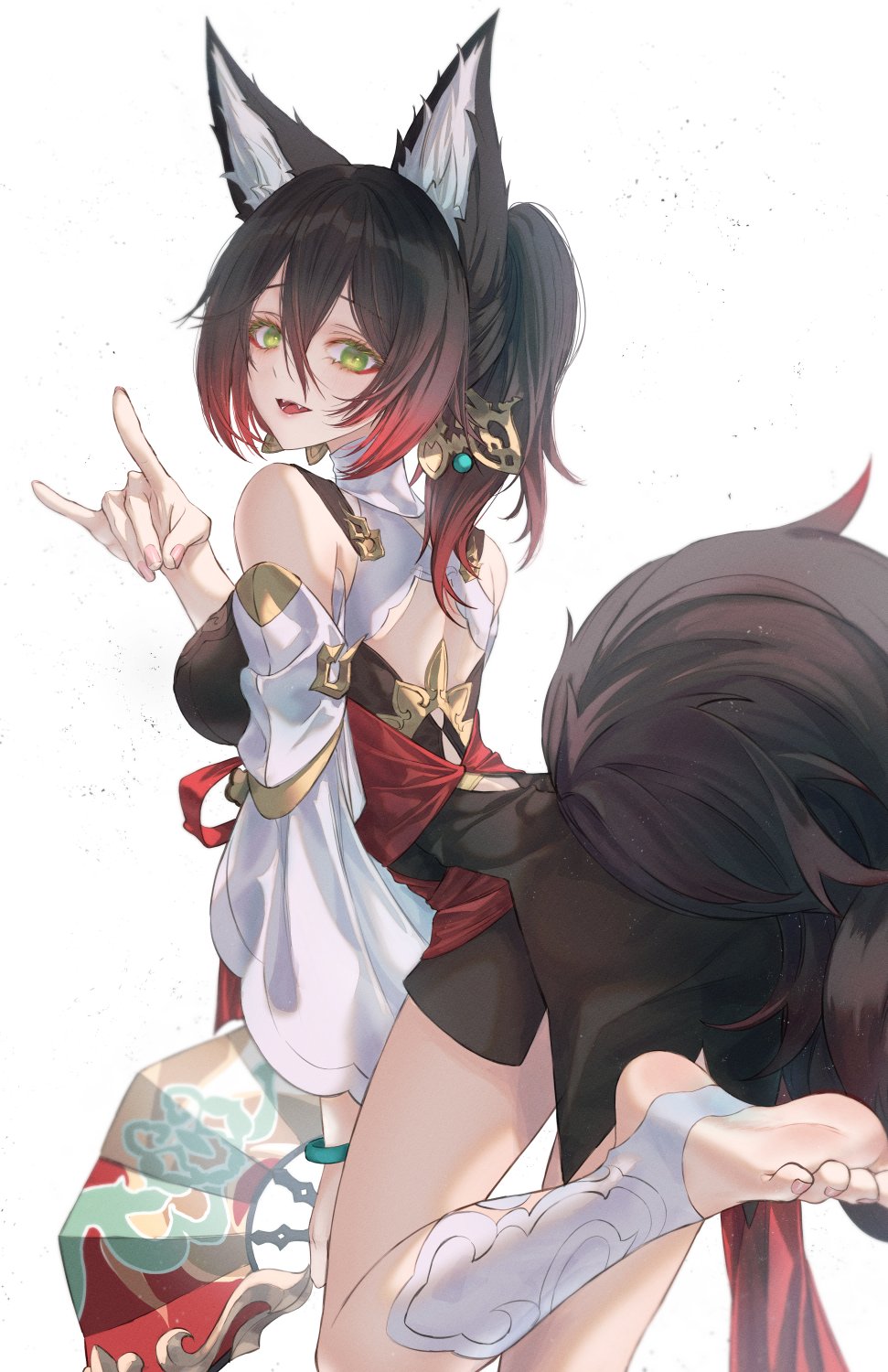 1girl :d back bare_shoulders brown_hair chinese_clothes fangs fingernails fox_girl fox_tail green_eyes hair_ornament hand_fan highres holding holding_fan honkai:_star_rail honkai_(series) long_hair looking_at_viewer looking_back neon_(pixiv_31150749) open_mouth ponytail simple_background smile soles solo stirrup_legwear tail tingyun_(honkai:_star_rail) toeless_legwear toes white_background white_sleeves