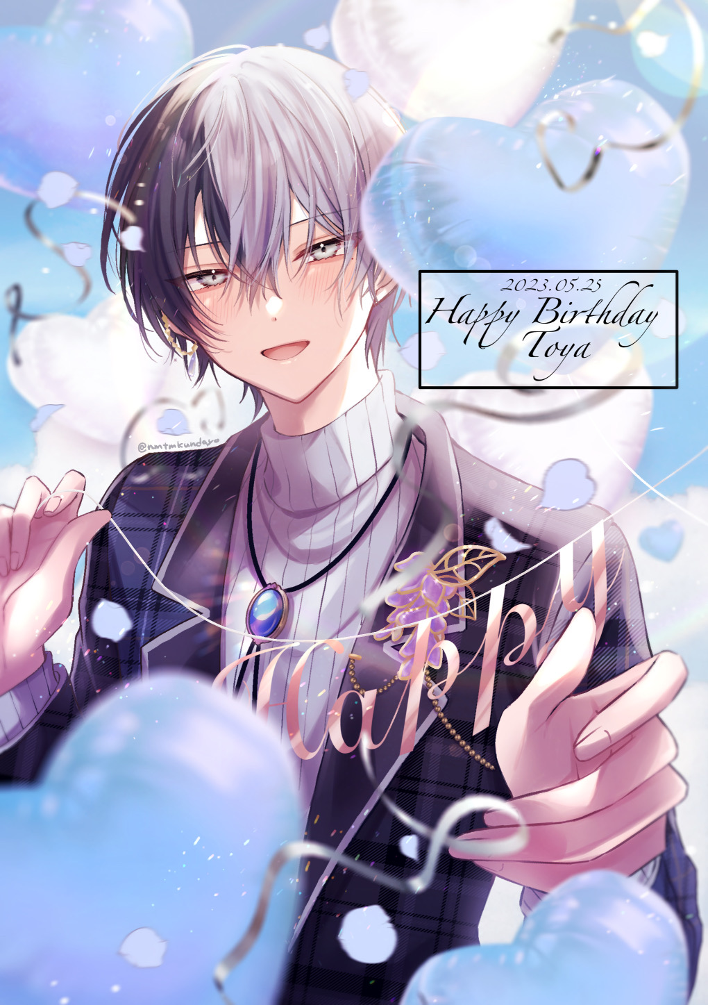 1boy aoyagi_touya balloon blue_hair brooch character_name commentary confetti dark_blue_hair dated english_commentary fingernails grey_eyes hair_between_eyes happy_birthday heart_balloon highres jacket jewelry lanyard lapels long_sleeves looking_at_viewer male_focus mole mole_under_eye nmtmkundayo official_alternate_costume open_mouth plaid plaid_jacket project_sekai ribbed_sweater short_hair solo sweater turtleneck upper_body