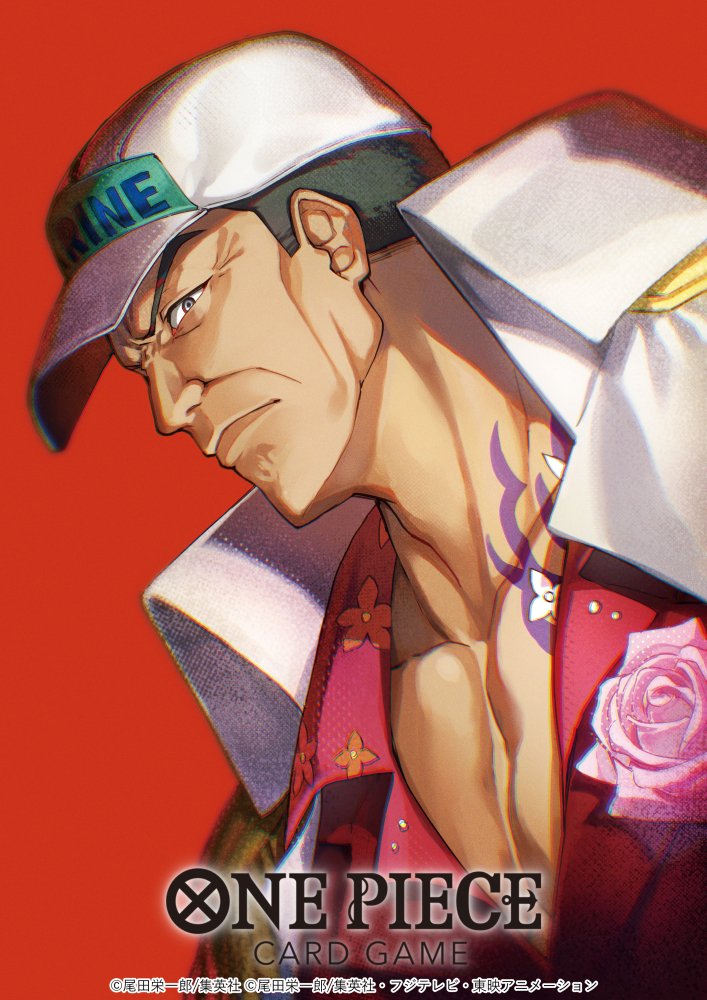 1boy black_hair close-up collared_jacket dai-xt flower frown hat jacket looking_at_viewer male_focus manly mature_male one_piece open_clothes open_shirt pectorals red_background rose sakazuki_(akainu) shirt short_hair simple_background solo tattoo