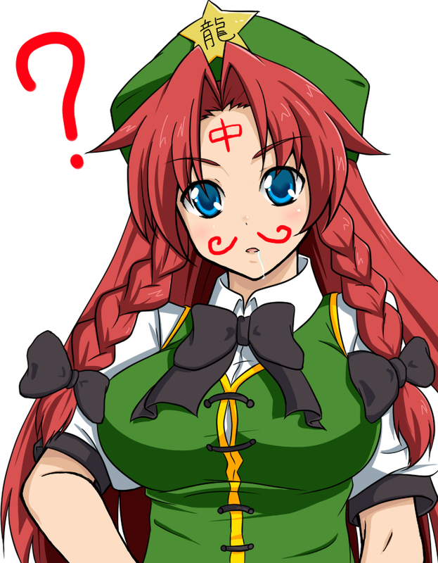 1girl ? beret black_bow black_bowtie blue_eyes blush body_writing bow bowtie braid breasts commentary_request drawing_on_another's_face expressionless fake_facial_hair fake_mustache green_headwear green_vest hair_bow harukana_(pixiv) hat hong_meiling large_breasts long_hair looking_at_viewer medium_bangs open_mouth parted_bangs puffy_short_sleeves puffy_sleeves redhead shirt short_sleeves side_braids simple_background solo touhou twin_braids upper_body vest white_background white_shirt