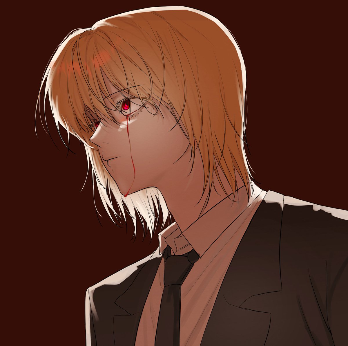 1other androgynous black_necktie black_suit blonde_hair blood blood_from_eyes brown_background formal hair_between_eyes hunter_x_hunter kurapika looking_to_the_side mesa10sim_08 necktie red_eyes shirt short_hair simple_background solo suit upper_body white_shirt