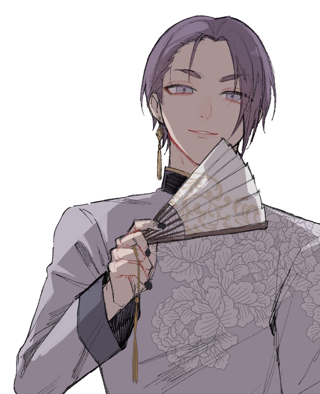 1boy blue_lock chinese_clothes earrings hand_fan hand_up highres holding holding_fan jewelry long_sleeves looking_at_viewer male_focus mikage_reo purple_hair purple_shirt shirt short_hair simple_background single_earring sketch smile solo toriuchi7110 upper_body violet_eyes white_background
