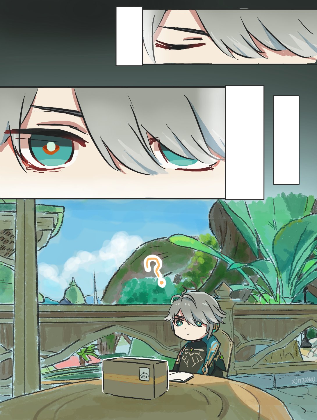 1boy ? ahoge alhaitham_(genshin_impact) black_shirt book cape chair closed_eyes genshin_impact green_cape green_eyes grey_hair headphones highres in-universe_location opening_eyes package plant shirt sitting table xinzoruo