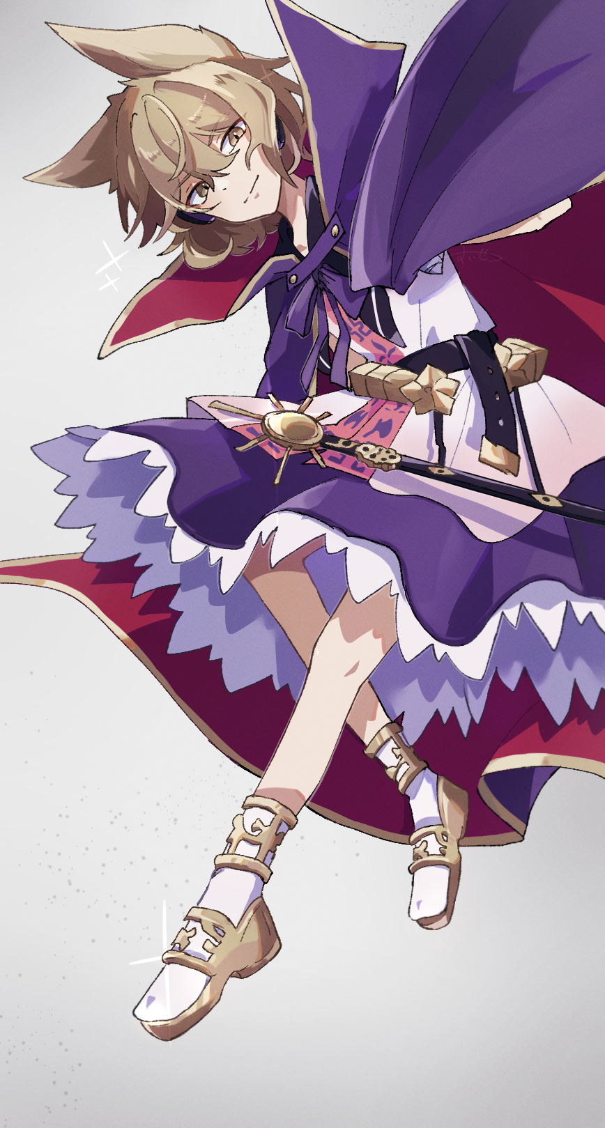 1girl belt brown_eyes cape closed_mouth commentary dagasitotaiyou dated_commentary earmuffs grey_background highres light_brown_hair looking_at_viewer pointy_hair purple_cape purple_skirt short_hair simple_background skirt solo sword touhou toyosatomimi_no_miko weapon