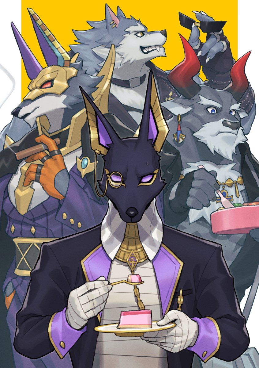 4boys cake cigar cow_boy dislyte djoser_(atum)_(dislyte) drew_(anubis)_(dislyte) food freddy_(fenrir)_(dislyte) furry furry_with_furry highres holding holding_bento holding_cigar holding_eyewear holding_plate holding_spoon jackal_boy looking_at_object multiple_boys plate sander_(set)_(dislyte) simple_background smoke spoon wolf_boy yow