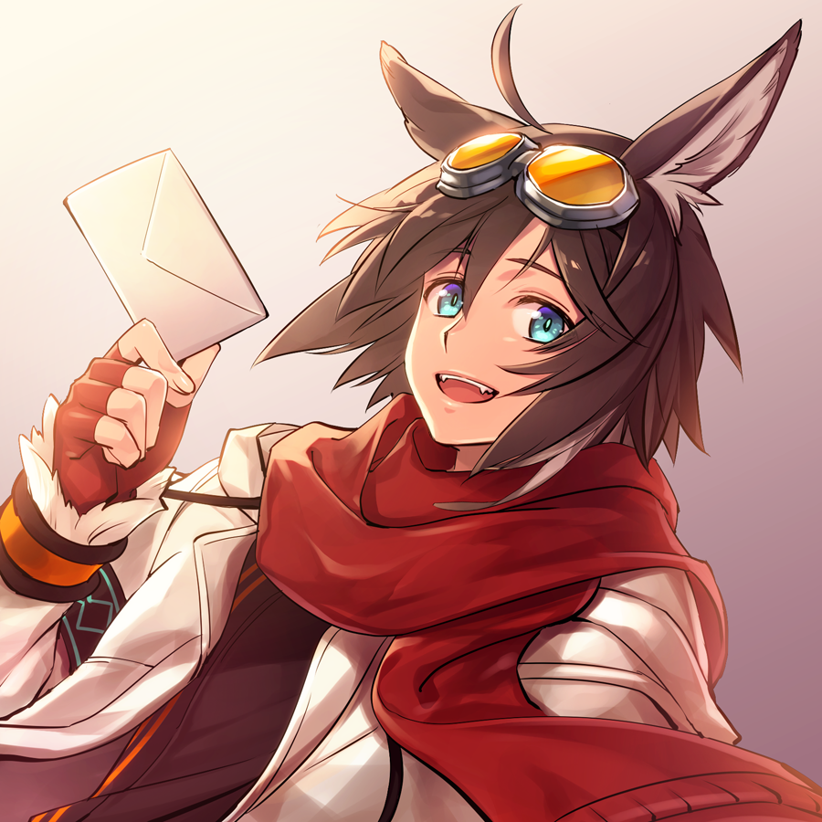 1boy :d ahoge animal_ears arknights blue_eyes brown_hair courier_(arknights) donkey_ears fingerless_gloves gloves goggles goggles_on_head holding jacket kanikame long_sleeves mail male_focus open_mouth red_gloves red_scarf scarf short_hair smile solo teeth upper_body upper_teeth_only white_jacket