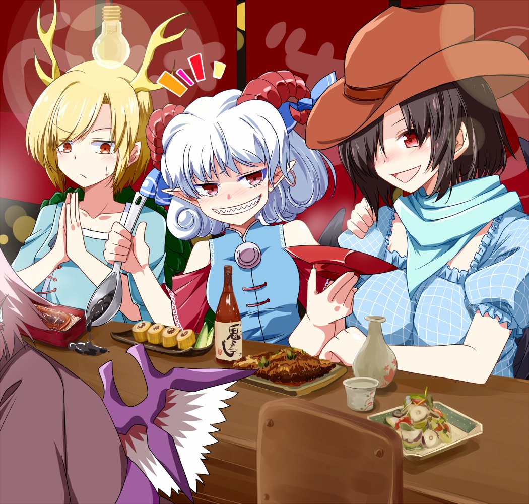 4girls bird_wings black_hair black_wings blonde_hair blue_shirt blue_vest blush bottle bow breasts collarbone cowboy_hat cup detached_sleeves dragon_girl dragon_horns eyes_visible_through_hair food hat holding holding_cup holding_spoon horn_bow horn_ornament horns kicchou_yachie kurokoma_saki light_bulb looking_at_another medium_hair multiple_girls mystia_lorelei orange_eyes palms_together patterned_clothing pink_hair pointy_ears red_eyes rise_(rise19851203) sharp_teeth sheep_girl sheep_horns shirt short_sleeves smile spoon teeth touhou toutetsu_yuuma upper_body vest white_hair wine_bottle wings