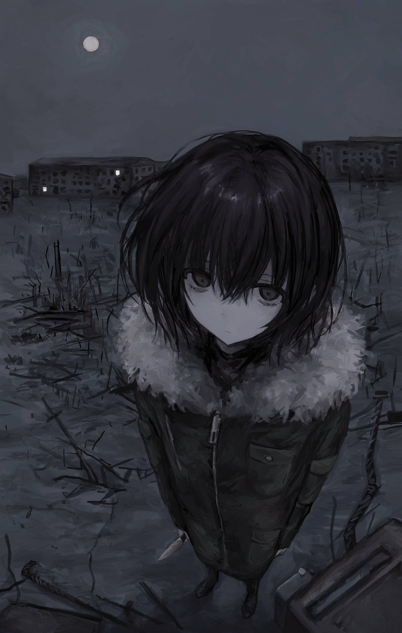 1girl black_hair breast_pocket building chan8016 closed_mouth coat empty_eyes field foreshortening from_above full_body full_moon fur-trimmed_coat fur_trim grey_theme highres holding holding_knife knife long_sleeves looking_at_viewer looking_up messy_hair moon muted_color night original outdoors pale_skin pocket short_hair solo standing zipper zipper_pull_tab