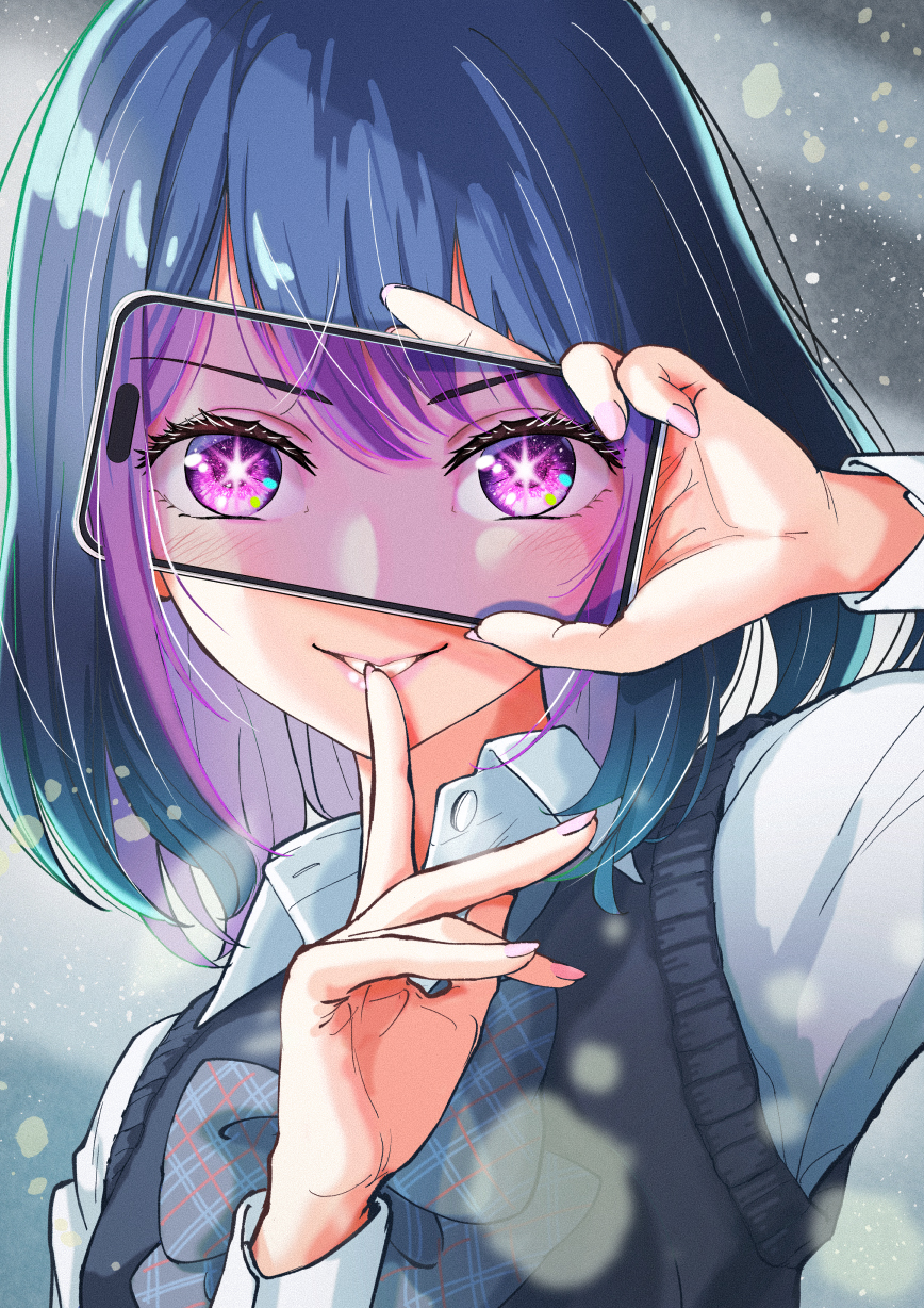 1girl arakan arm_up black_sweater_vest blue_hair blush bow bowtie cellphone chromatic_aberration collared_shirt commentary_request finger_to_mouth hair_between_eyes highres holding holding_phone hoshino_ai_(oshi_no_ko) kurokawa_akane light_particles long_sleeves looking_at_viewer medium_hair nail_polish oshi_no_ko parted_lips partial_commentary phone pink_nails plaid plaid_bow plaid_bowtie purple_hair school_uniform shirt sidelocks smartphone smile solo star-shaped_pupils star_(symbol) sweater_vest symbol-shaped_pupils upper_body violet_eyes white_shirt