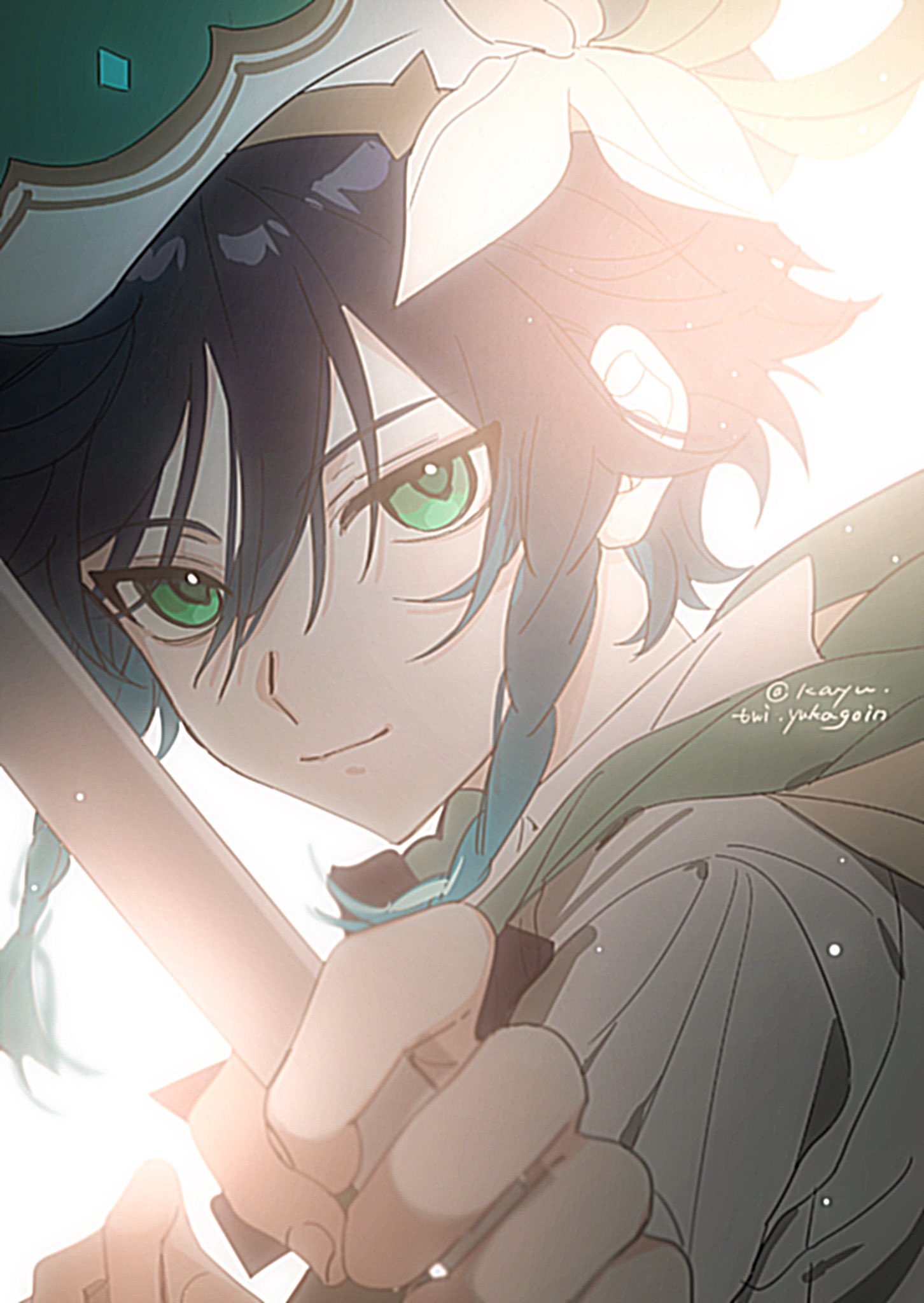 1boy androgynous aqua_hair black_hair bow_(weapon) braid cape closed_mouth feathers flower genshin_impact green_cape green_eyes green_feathers green_headwear hat hat_flower highres holding holding_bow_(weapon) holding_weapon kayu_(yukagoin) looking_at_viewer low_twin_braids male_focus solo twin_braids twitter_username venti_(genshin_impact) weapon white_background white_flower