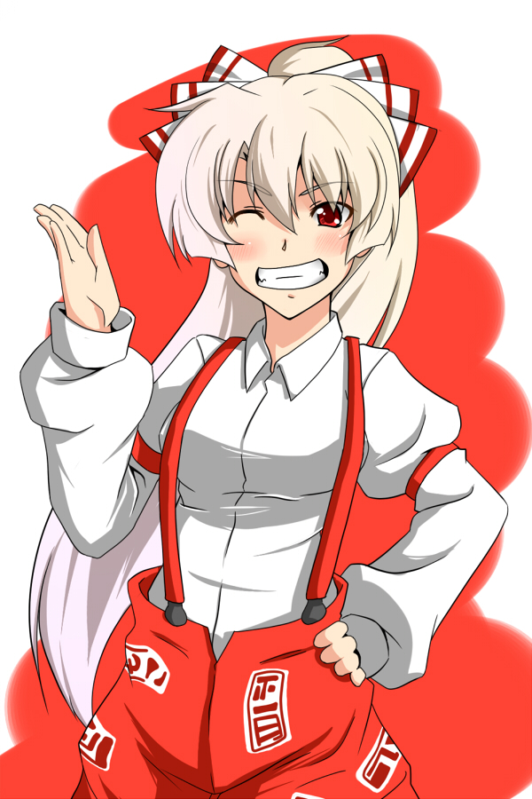 1girl blush bow breasts collared_shirt commentary_request cowboy_shot fujiwara_no_mokou grey_hair grin hair_between_eyes hair_bow hand_on_own_hip hand_up harukana_(pixiv) long_bangs long_hair long_sleeves looking_at_viewer medium_breasts ofuda ofuda_on_clothes one_eye_closed pants red_eyes red_pants shirt smile solo suspenders touhou very_long_hair white_background white_bow white_shirt