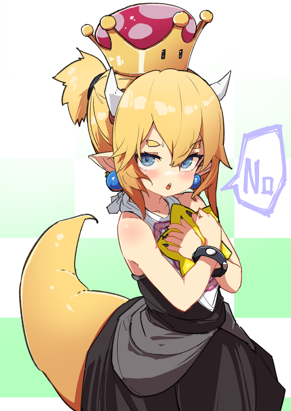 1girl black_dress blonde_hair blue_eyes bowsette_jr. checkered_background commentary_request dress earrings female_child green_background hair_between_eyes highres horns jewelry lizard_tail looking_at_viewer new_super_mario_bros._u_deluxe noa_(nagareboshi) pointy_ears ponytail short_hair sleeveless sleeveless_dress solo super_crown super_mario_bros. tail two-tone_background white_background white_horns