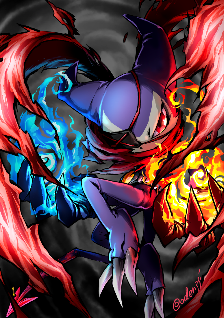 1boy asymmetrical_gloves black_background blue_fire blue_gloves claws commentary_request demon_tail digimon digimon_(creature) eyepatch fire gloves impmon_x-antibody looking_at_viewer male_focus mismatched_gloves oden_(odenzzi) pyrokinesis red_eyes red_gloves red_scarf scarf solo tail twitter_username