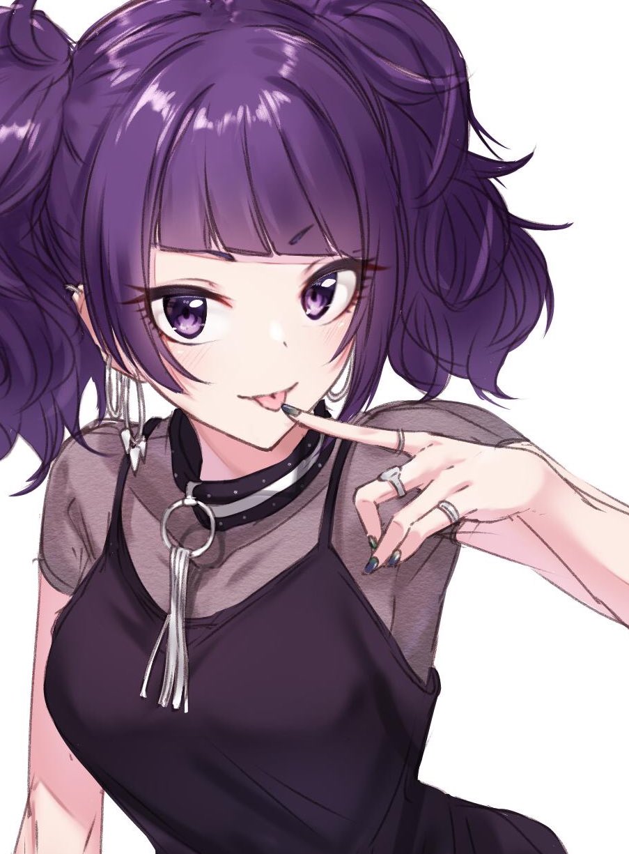 1girl black_nails blush breasts collarbone diagonal_bangs dot_nose earrings finger_to_mouth grey_shirt hand_up highres hoop_earrings idolmaster idolmaster_shiny_colors jewelry long_hair looking_at_viewer medium_breasts nail_polish purple_hair purple_skirt ring see-through see-through_shirt shirt short_sleeves simple_background skirt smile solo spoonkoros suspender_skirt suspenders tanaka_mamimi tongue tongue_out twintails upper_body violet_eyes white_background