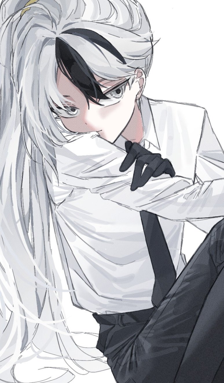 1boy black_gloves black_necktie black_pants closed_mouth collared_shirt gloves highres library_of_ruina long_hair long_sleeves looking_at_viewer multicolored_hair necktie pants project_moon seogtan shirt side_ponytail simple_background solo streaked_hair unusually_open_eyes very_long_hair white_background white_eyes white_hair yan_vismok
