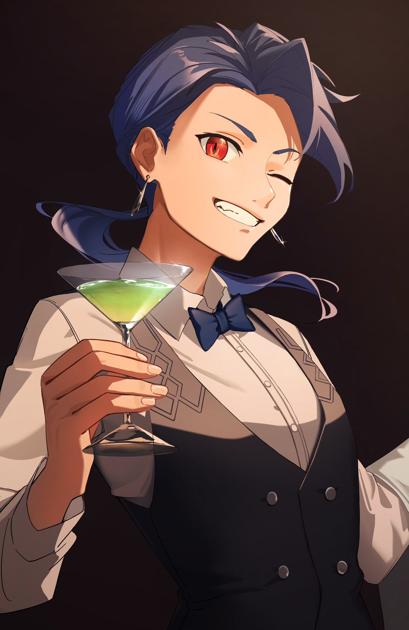 bartender black_background blue_bow blue_bowtie blue_hair bow bowtie child cocktail cocktail_glass collared_shirt cu_chulainn_(fate) cup drinking_glass earrings fate/grand_order fate_(series) highres jewelry long_sleeves male_child male_focus one_eye_closed ponytail red_eyes setanta_(fate) shirt simple_background smile solo upper_body wagaya43 waistcoat white_background