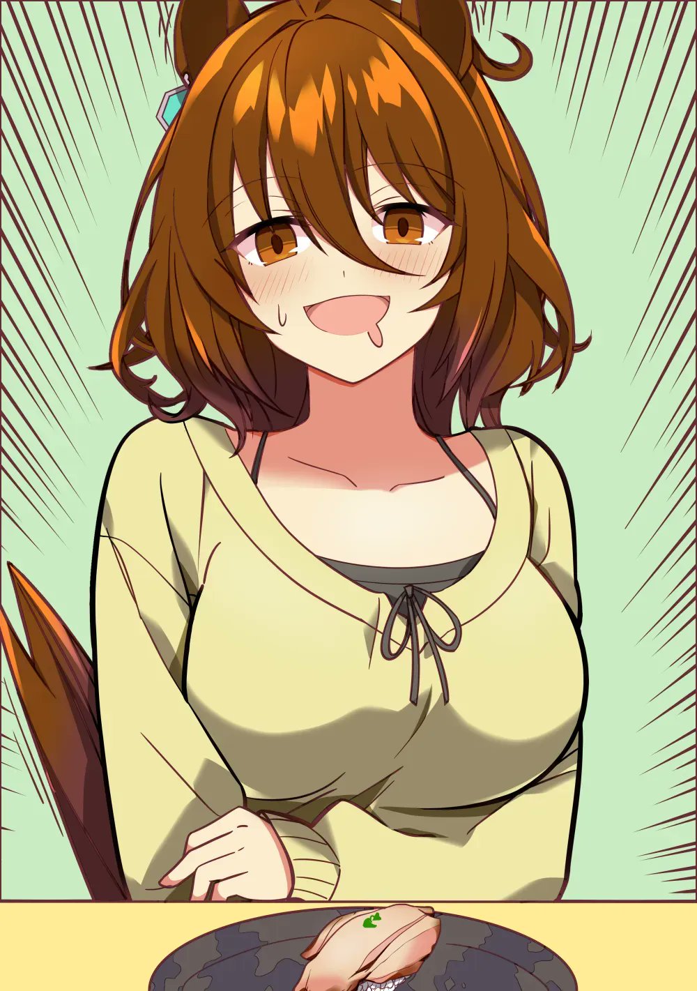 1girl agnes_tachyon_(umamusume) ahoge alternate_costume animal_ears breasts brown_hair chemical_structure collarbone commentary_request drooling earrings food hair_between_eyes highres horse_ears horse_girl horse_tail jewelry long_sleeves looking_at_viewer medium_breasts medium_hair mouth_drool open_mouth single_earring solo sushi sweater tail tail_raised umamusume wahiko_(black_bastard)