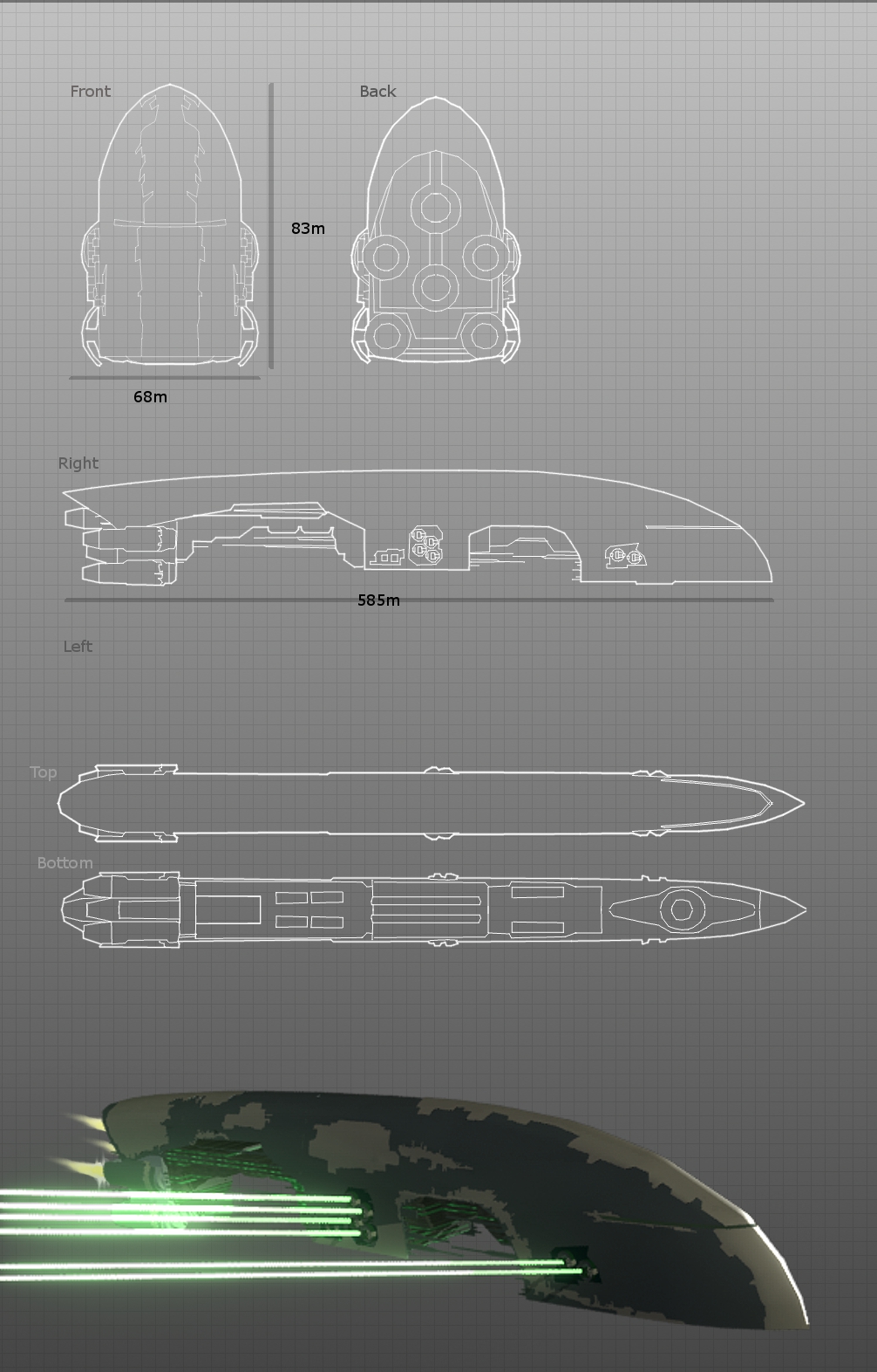 3d amarr_empire_(eve_online) battlecruiser_(eve_online) beam_cannon blueprint_(medium) cannon commentary concept_art energy energy_beam energy_cannon english_commentary eve_online from_side glowing gordon131 gradient_background grey_background highres laser_cannon military military_vehicle multiple_views no_humans original reference_sheet science_fiction spacecraft thrusters turret vehicle_focus