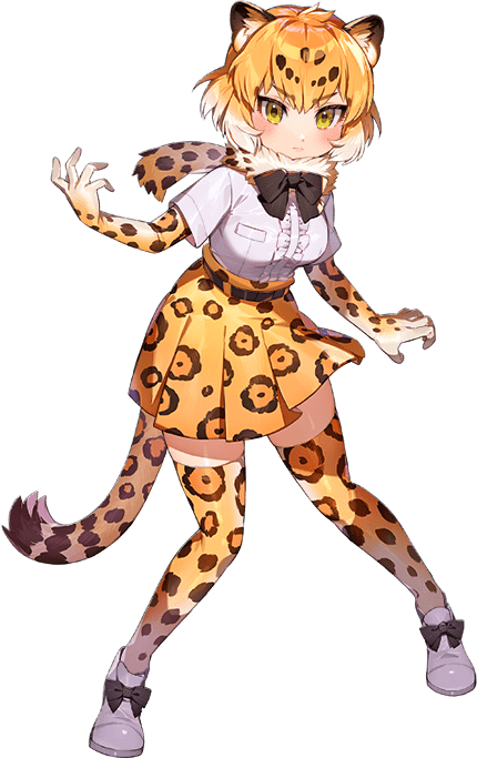 1girl animal_ears blonde_hair bow bowtie elbow_gloves extra_ears game_cg gloves jaguar_(kemono_friends) jaguar_ears jaguar_girl jaguar_print jaguar_tail kemono_friends kemono_friends_kingdom kneehighs looking_at_viewer official_art shirt shoes short_hair skirt socks solo tachi-e tail transparent_background yellow_eyes