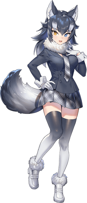 1girl animal_ears blazer blue_eyes extra_ears game_cg gloves grey_hair grey_wolf_(kemono_friends) heterochromia jacket kemono_friends kemono_friends_kingdom kneehighs long_hair looking_at_viewer necktie official_art open_mouth shoes skirt socks solo tachi-e tail transparent_background wolf_ears wolf_girl wolf_tail yellow_eyes