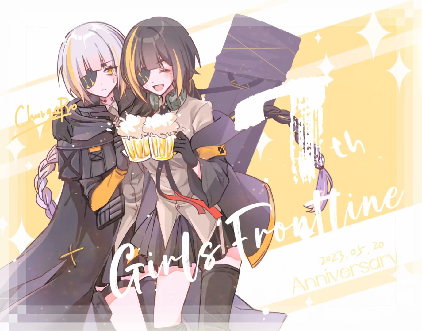 2girls :d ^_^ alcohol anniversary beer beer_mug black_hair black_jacket black_skirt blonde_hair braid character_request closed_eyes collared_shirt commentary_request copyright_name cup dated dress_shirt eyepatch foam girls_frontline grey_hair grey_shirt holding holding_cup jacket long_hair mug multicolored_hair multiple_girls off_shoulder open_clothes open_jacket parted_lips pleated_skirt shadow71580825 shirt signature single_braid skirt smile sparkle streaked_hair sweat very_long_hair yellow_eyes