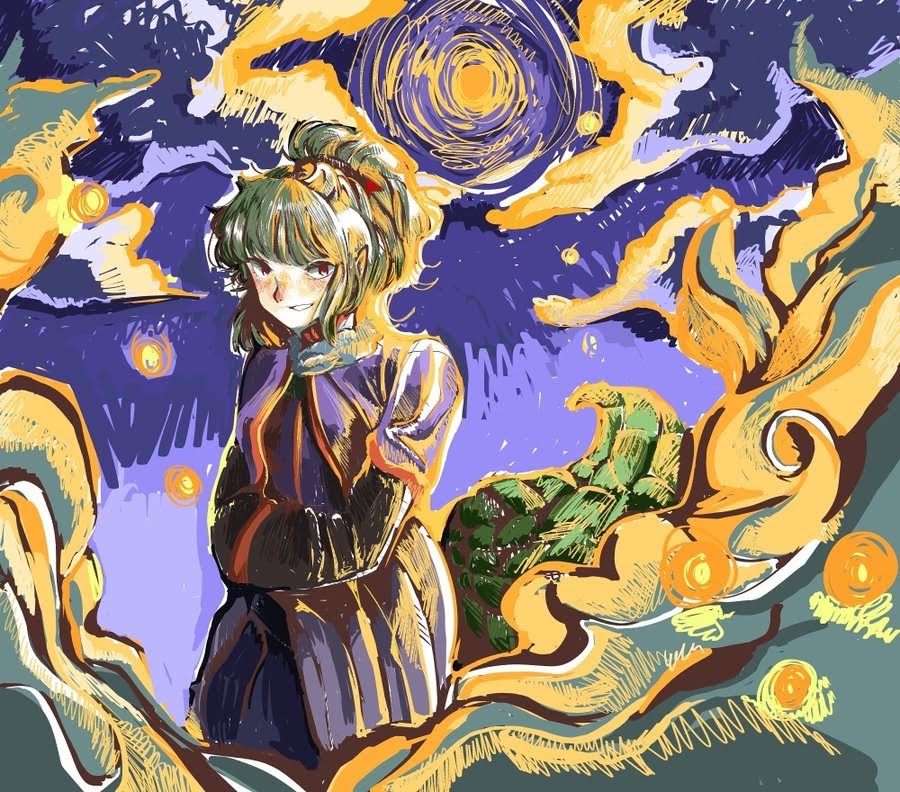 1other abstract_background adagumo_no_saragimaru artist_request bad_link black_sleeves blunt_bangs capelet collar faux_traditional_media freckles green_hair hair_ornament japanese_clothes len'en night non-web_source oil_painting_(medium) own_hands_together painting_(medium) pointy_ears puffy_shorts purple_capelet red_eyes scales short_hair short_ponytail shorts smile snake_hair_ornament snake_tail source_request tail teeth traditional_media white_collar wide_sleeves