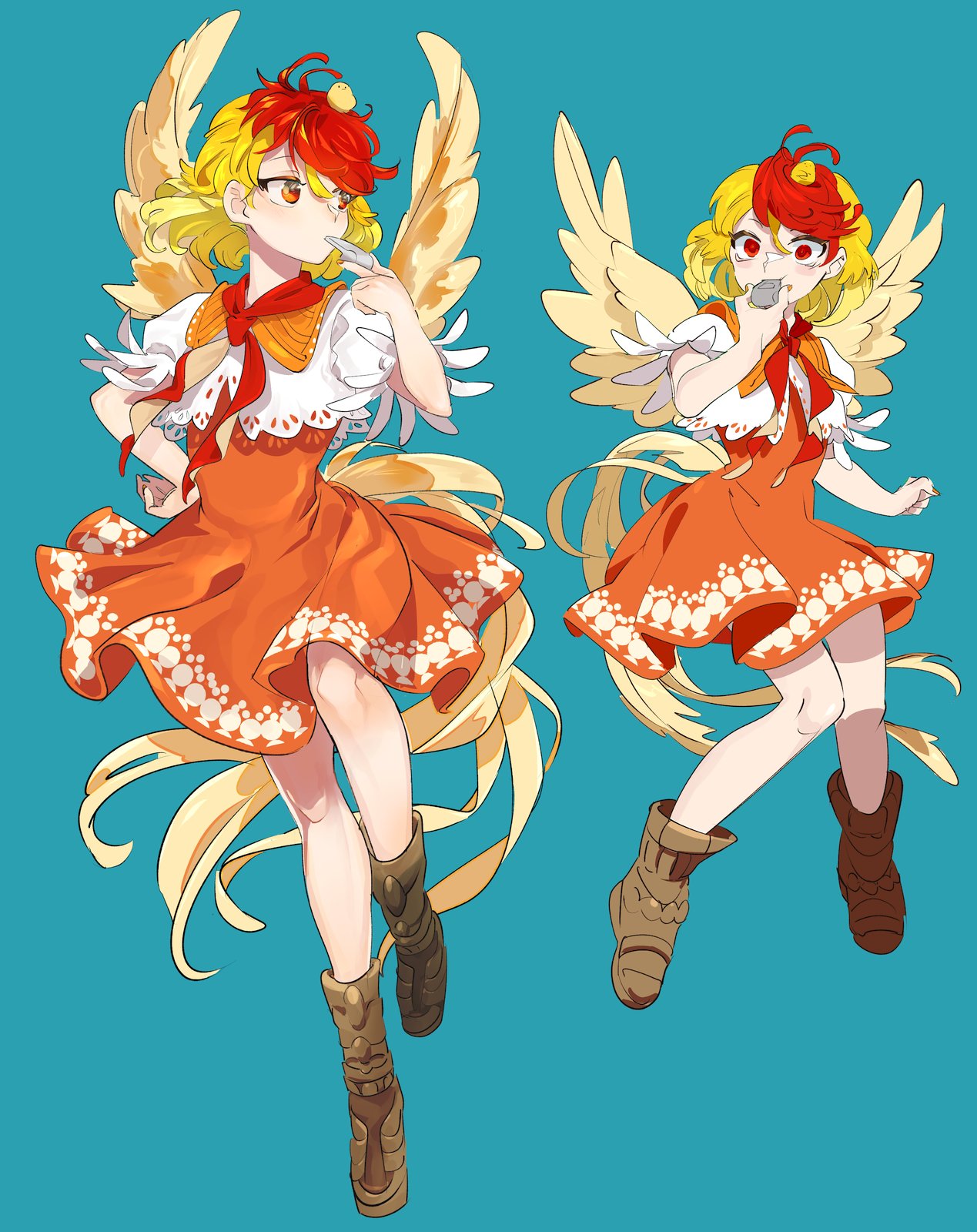 1girl animal animal_on_head aqua_background bird bird_on_head bird_tail bird_wings blonde_hair boots brown_footwear chamaruk chick dress feathered_wings highres holding holding_whistle multicolored_hair multiple_views niwatari_kutaka on_head orange_dress red_eyes redhead short_hair short_sleeves simple_background tail touhou two-tone_hair whistle whistling wings yellow_wings