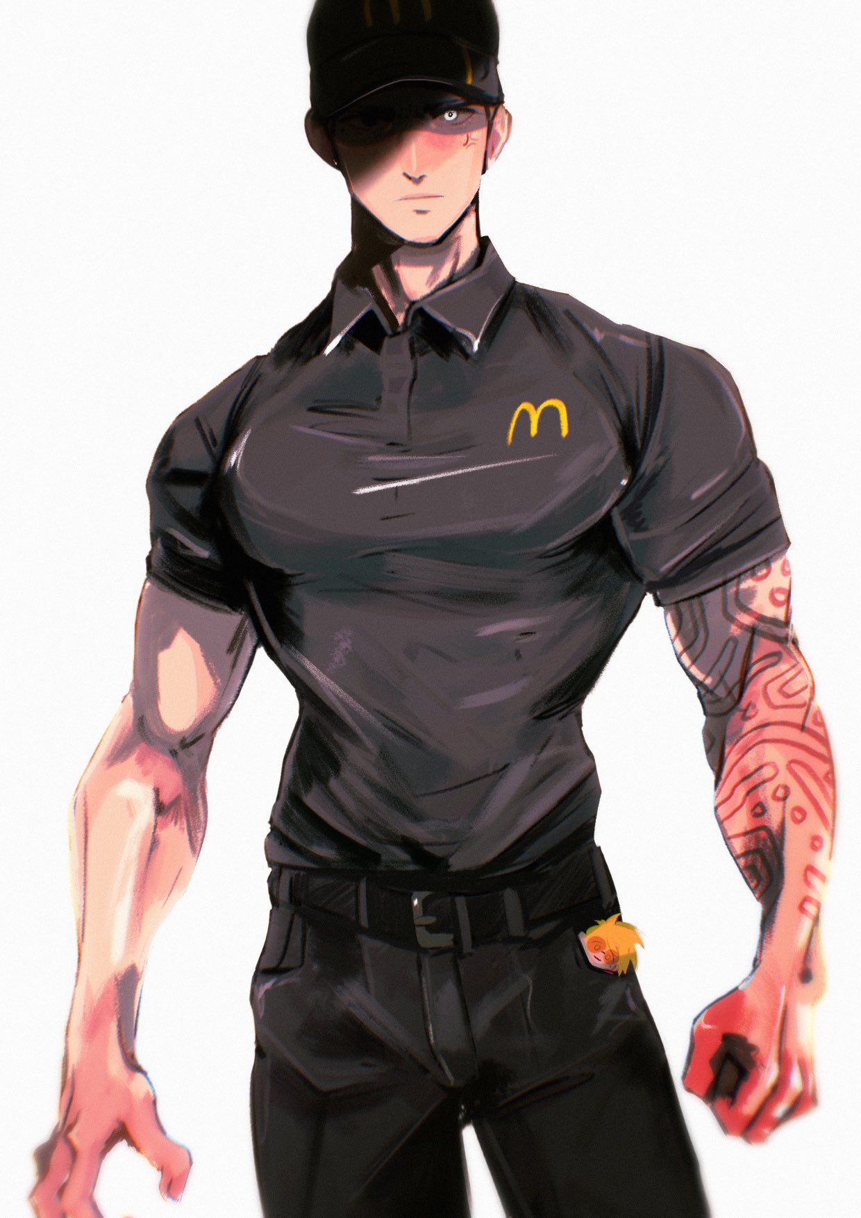 2boys anger_vein arm_tattoo belt black_belt black_headwear black_pants black_shirt blue_eyes chibi collared_shirt cowboy_shot grey_eyes hat highres hollycircling looking_at_viewer male_focus mcdonald's millions_knives multiple_boys pants shirt short_sleeves simple_background standing tattoo trigun trigun_stampede uniform vash_the_stampede white_background