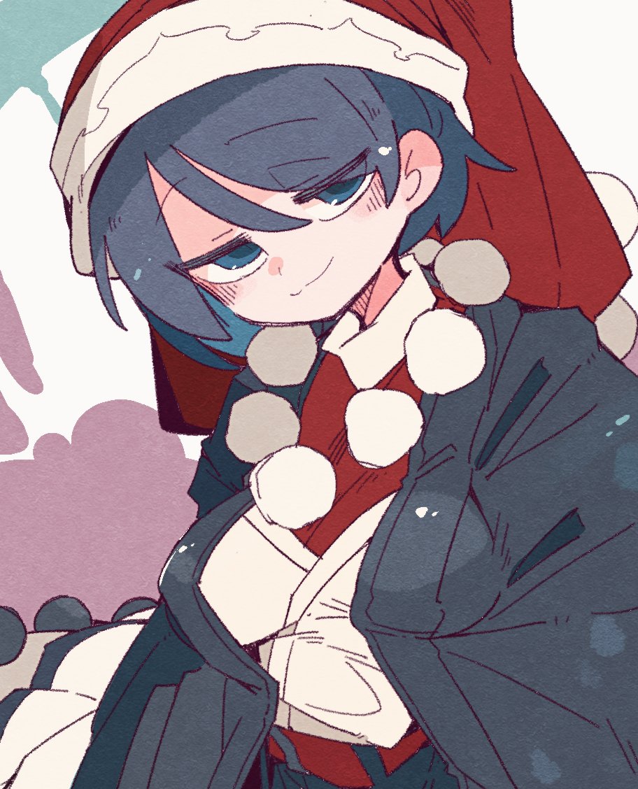 1girl alternate_costume black_jacket blue_eyes blue_hair blush closed_mouth doremy_sweet hat jacket massakasama nightcap open_clothes open_jacket pom_pom_(clothes) red_headwear short_hair smile solo touhou upper_body