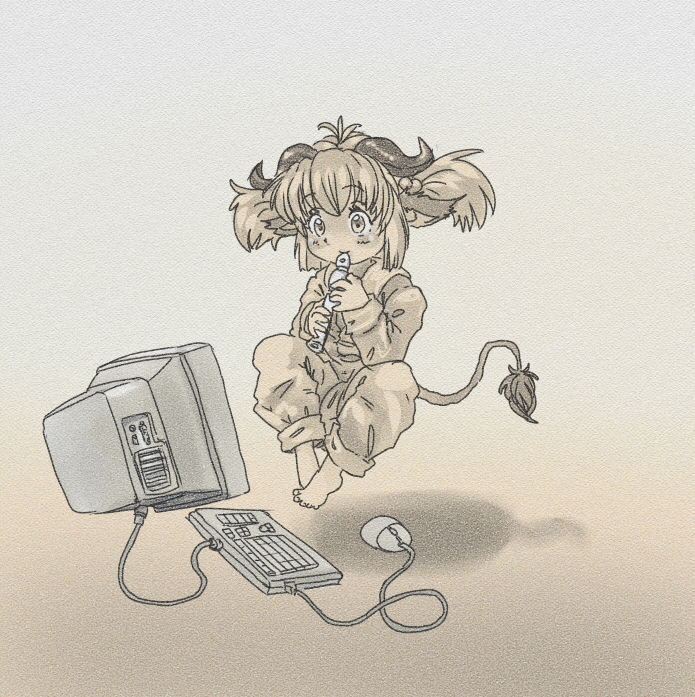 1girl animal_ears barefoot computer computer_monitor feet floating floating_object gnu-tan gradient_background horns instrument keyboard_(computer) linux mouse_(computer) os-tan pajamas recorder smile solo tail