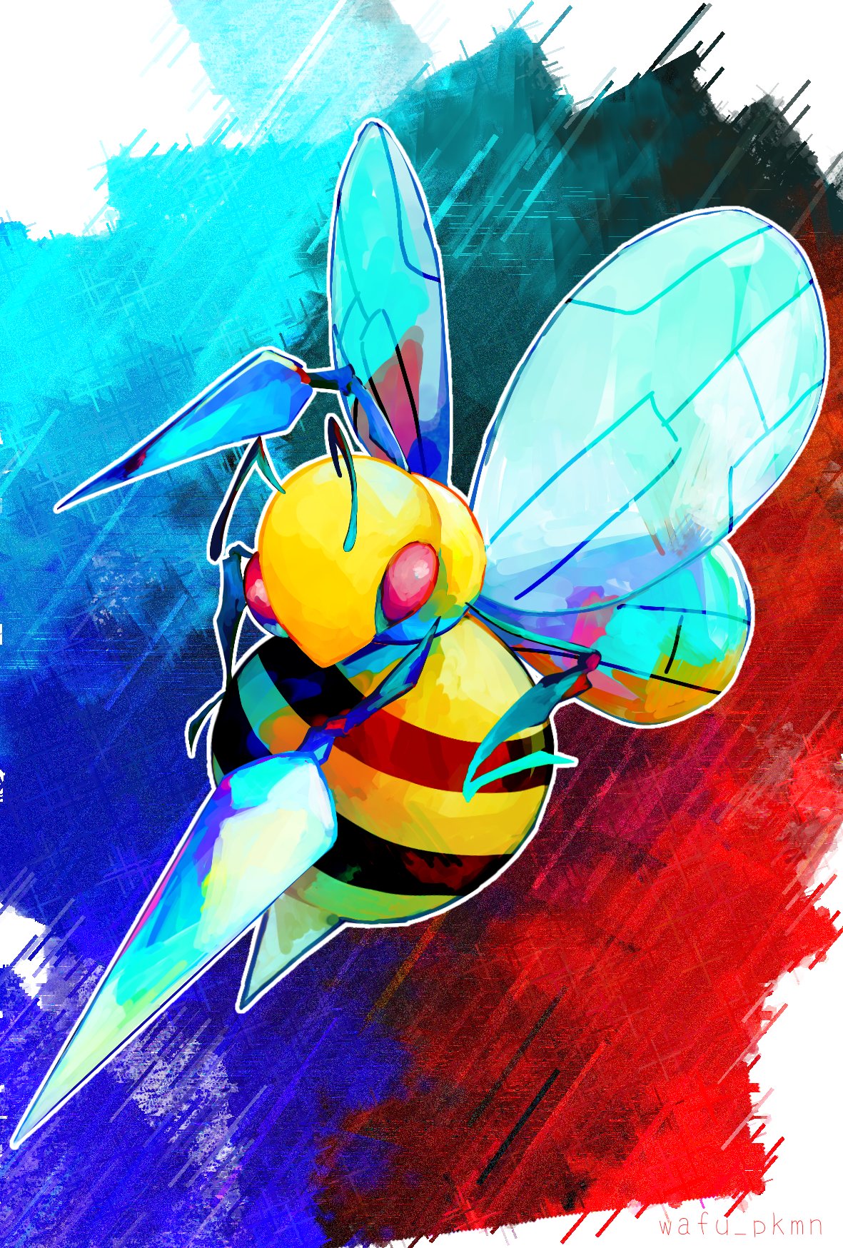 animal_focus bee beedrill bug full_body highres multicolored_background no_humans outline pink_eyes pokemon pokemon_(creature) solo stinger twitter_username wafu_pkmn watermark
