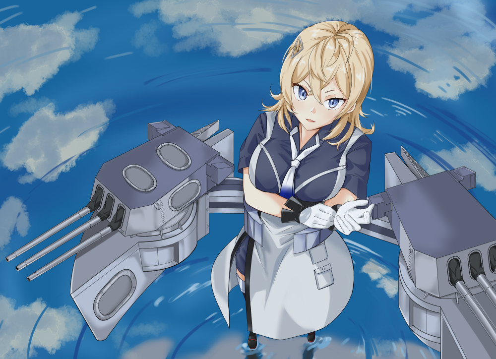 1girl black_gloves black_thighhighs blonde_hair blue_eyes blue_neckerchief blue_shirt blue_sky breasts cannon clouds crossed_bangs day gloves gradient_neckerchief grey_neckerchief hair_between_eyes hair_ornament hairclip kantai_collection large_breasts looking_at_viewer makinoki neckerchief outdoors overskirt reflection rigging shirt short_sleeves simple_background sky solo standing standing_on_liquid thigh-highs turret tuscaloosa_(kancolle) two-tone_gloves water white_gloves