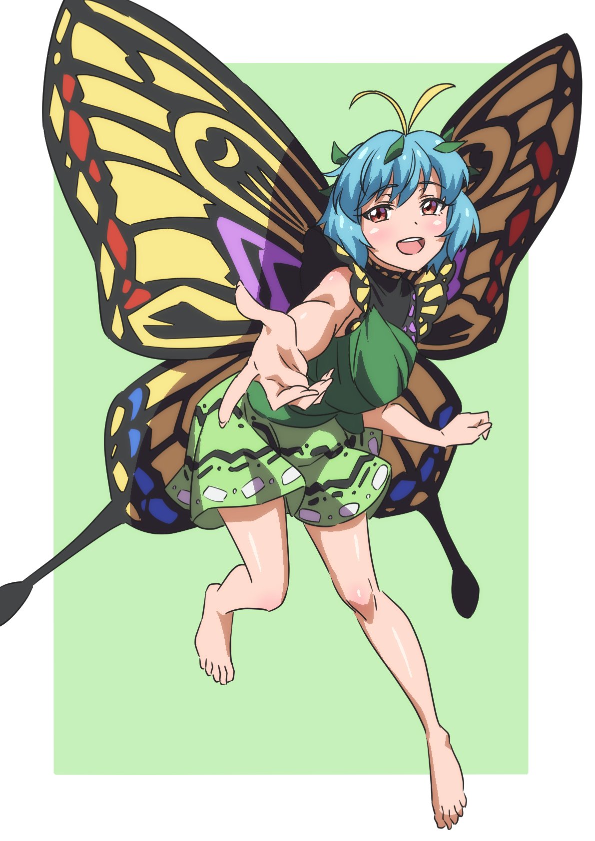 1girl antennae aqua_hair barefoot blush butterfly_wings dress eternity_larva fairy fingernails full_body green_dress gyouza_(mhea5724) highres leaf leaf_on_head multicolored_clothes multicolored_dress open_mouth red_eyes short_hair short_sleeves smile solo touhou wings