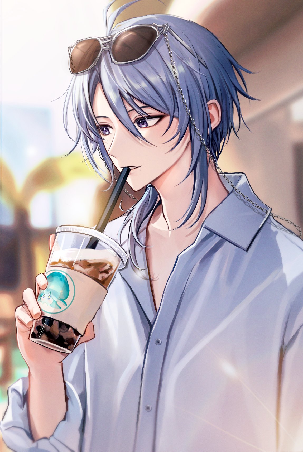 1boy alternate_costume bishounen blue_hair bubble_tea collared_shirt cup drinking_straw facing_to_the_side genshin_impact highres holding holding_cup kamisato_ayato light_blue_hair long_sleeves looking_down low_ponytail male_focus medium_hair mole mole_under_eye pponnya shirt smile solo sunglasses teeth violet_eyes white_shirt