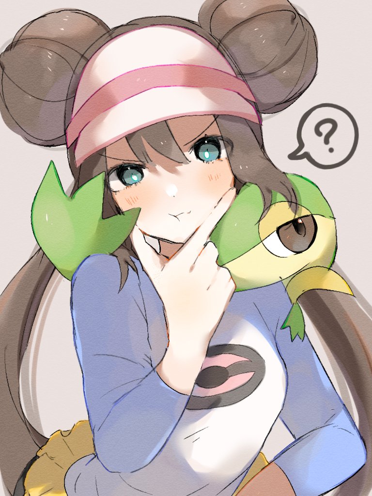 1girl :t ? black_pantyhose blush bright_pupils brown_hair commentary_request double_bun green_eyes hair_bun hand_on_own_chin hand_up long_hair looking_at_viewer pantyhose pokemon pokemon_(creature) pokemon_(game) pokemon_bw2 pokemon_on_back raglan_sleeves rosa_(pokemon) shirt shorts snivy spoken_question_mark stroking_own_chin twintails ume_(ume_445) visor_cap yellow_shorts