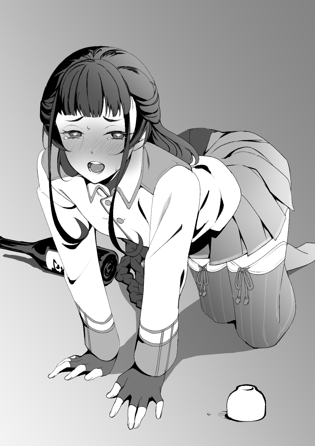 1girl all_fours blush bottle braid drunk fingerless_gloves gloves greyscale highres kantai_collection long_hair long_sleeves looking_at_viewer military military_uniform monochrome open_mouth pleated_skirt sake_bottle shingyou_(alexander-13) single_braid skirt solo striped striped_thighhighs thigh-highs uniform yamashio_maru_(kancolle)