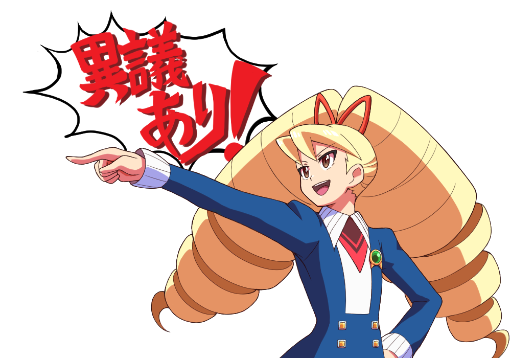 1girl ace_attorney blonde_hair brown_eyes commentary_request drill_hair hand_on_own_hip long_hair long_sleeves luna_platz_(mega_man) mega_man_(series) mega_man_star_force nobuyu_(77yusei) objection parody pointing simple_background solo translation_request twin_drills twintails upper_body white_background