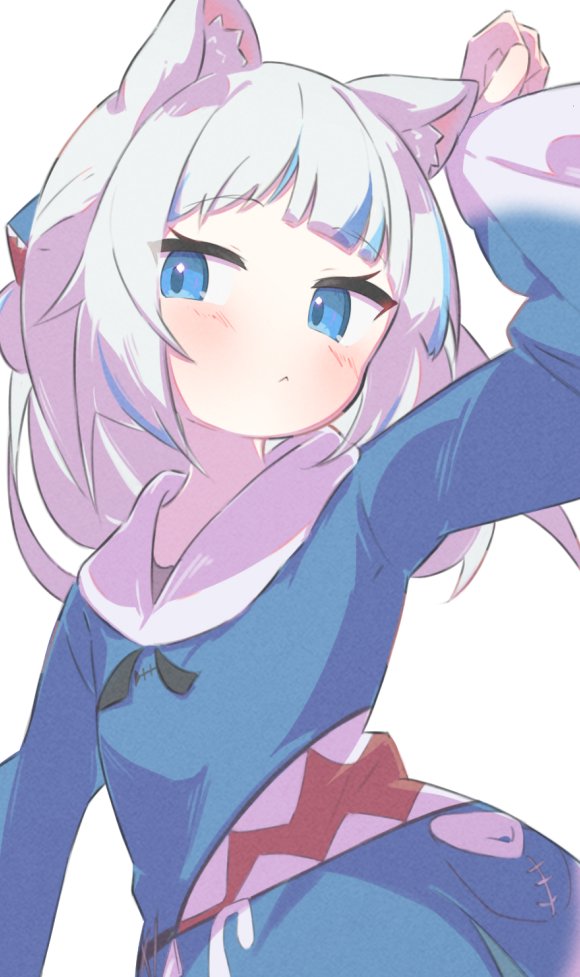 1girl :&lt; animal_ear_fluff animal_ears animal_hood arm_up blue_eyes blue_hair blue_hoodie blush closed_mouth commentary_request gawr_gura gawr_gura_(1st_costume) grey_hair hair_bun hair_ornament hololive hololive_english hood hood_down hoodie inaririn long_hair long_sleeves looking_at_viewer multicolored_hair shark_hood simple_background sleeves_past_wrists solo streaked_hair virtual_youtuber white_background