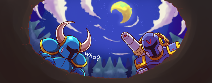 2boys clouds cloudy_sky commentary_request crescent english_text helmet hole horns knight male_focus mega_man_(series) mega_man_x1 mega_man_x_(series) multiple_boys night night_sky nobuyu_(77yusei) shovel_knight shovel_knight_(character) sky star_(sky) sweatdrop tree vile_(mega_man)