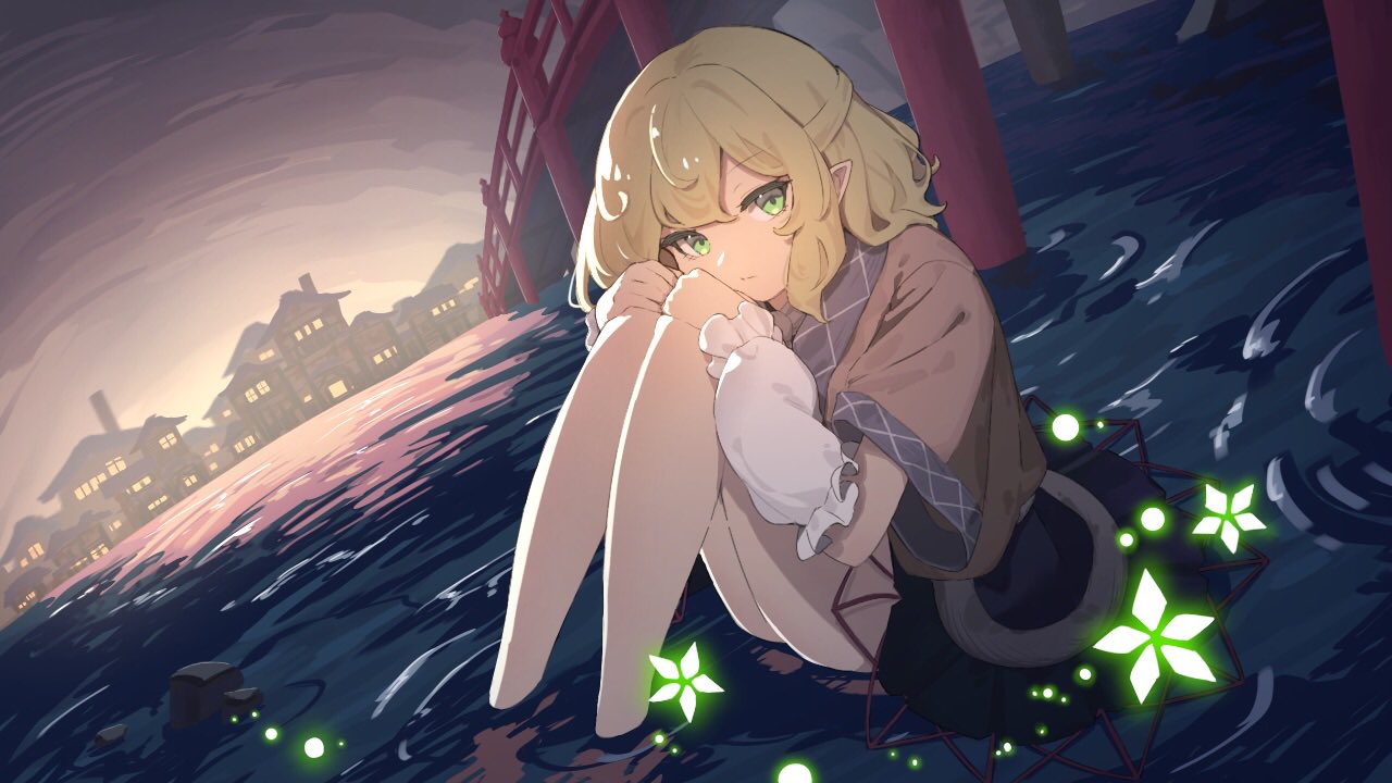 1girl architecture arm_warmers black_skirt blonde_hair bridge brown_jacket building closed_mouth east_asian_architecture garasuno green_eyes jacket looking_at_viewer mizuhashi_parsee outdoors pleated_skirt pointy_ears short_hair short_sleeves sitting skirt solo touhou water