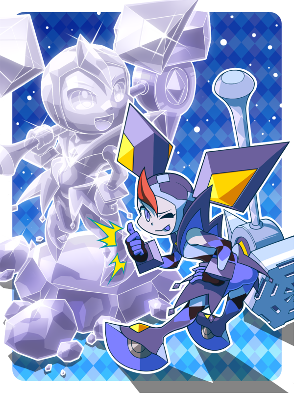 1girl blue_eyes commentary_request diamond_ice_(mega_man) glowing hammer holding holding_hammer ice_sculpture looking_at_viewer mega_man_(series) mega_man_star_force mega_man_star_force_3 napo one_eye_closed redhead solo thumbs_up