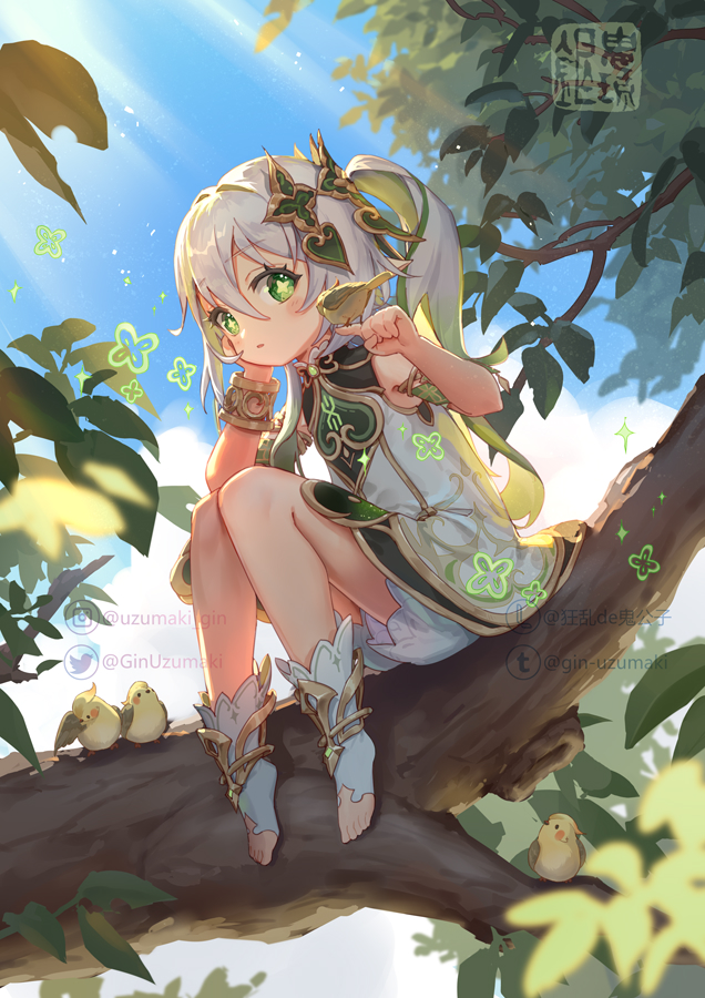 1girl bird bird_on_hand bloomers blue_sky cape commentary cross-shaped_pupils day dress elbow_on_knee female_child full_body genshin_impact gradient_hair green_cape green_eyes green_hair green_sleeves hair_between_eyes hair_ornament head_rest kyouran_de_onikoushi leaf_hair_ornament multicolored_hair nahida_(genshin_impact) open_mouth outdoors pointy_ears side_ponytail sitting_on_branch sky sleeveless sleeveless_dress solo stirrup_footwear symbol-shaped_pupils toeless_footwear toes tree twitter_username underwear web_address white_bloomers white_dress white_footwear white_hair