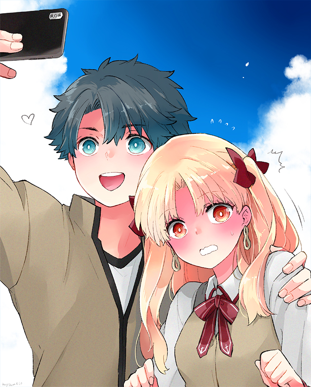 1boy 1girl :d azumi_(myameco) black_hair blonde_hair blue_eyes blue_sky cellphone clouds day earrings ereshkigal_(fate) fate/grand_order fate_(series) fujimaru_ritsuka_(male) hair_ribbon hand_on_another's_shoulder holding holding_phone jewelry long_hair open_mouth outdoors phone red_ribbon ribbon school_uniform selfie short_hair sky smile