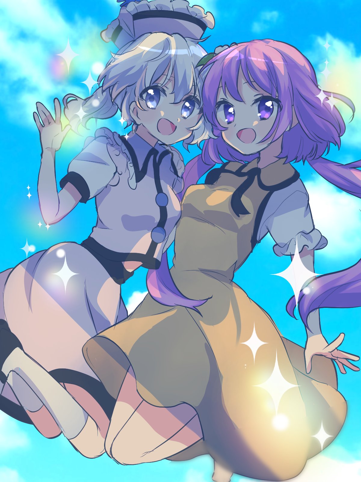 2girls barefoot blue_eyes blue_sky dress floating full_body happy highres jumping long_hair looking_at_viewer low_twintails merlin_prismriver miniskirt multiple_girls natsu_(tohotiara) open_mouth pink_headwear pink_shirt pink_skirt purple_hair shirt short_hair short_sleeves skirt sky socks touhou tsukumo_benben twintails violet_eyes white_socks yellow_dress yuri