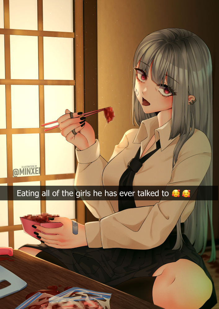 1girl bandaid bandaid_on_face black_socks blush censored chopsticks commentary cutting_board earrings english_commentary english_text grey_hair holding holding_chopsticks indian_style jewelry kneehighs long_hair looking_at_viewer minxei mosaic_censoring necktie open_mouth original paid_reward_available pleated_skirt red_eyes school_uniform sitting skirt snapchat socks solo tongue tongue_out yandere