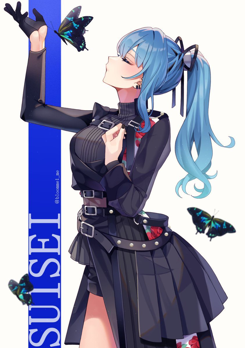 1girl arm_up belt black_belt black_gloves black_nails black_shirt black_shorts black_skirt blue_hair bug butterfly character_name closed_eyes commentary_request ear_piercing floral_print gloves hair_ribbon half_gloves high_ponytail highres hololive hoshimachi_suisei hoshimachi_suisei_(7th_costume) kozu_(bloomme1_me) long_hair official_alternate_costume official_alternate_hairstyle piercing ribbon rose_print shirt shorts single_half_glove skirt solo virtual_youtuber