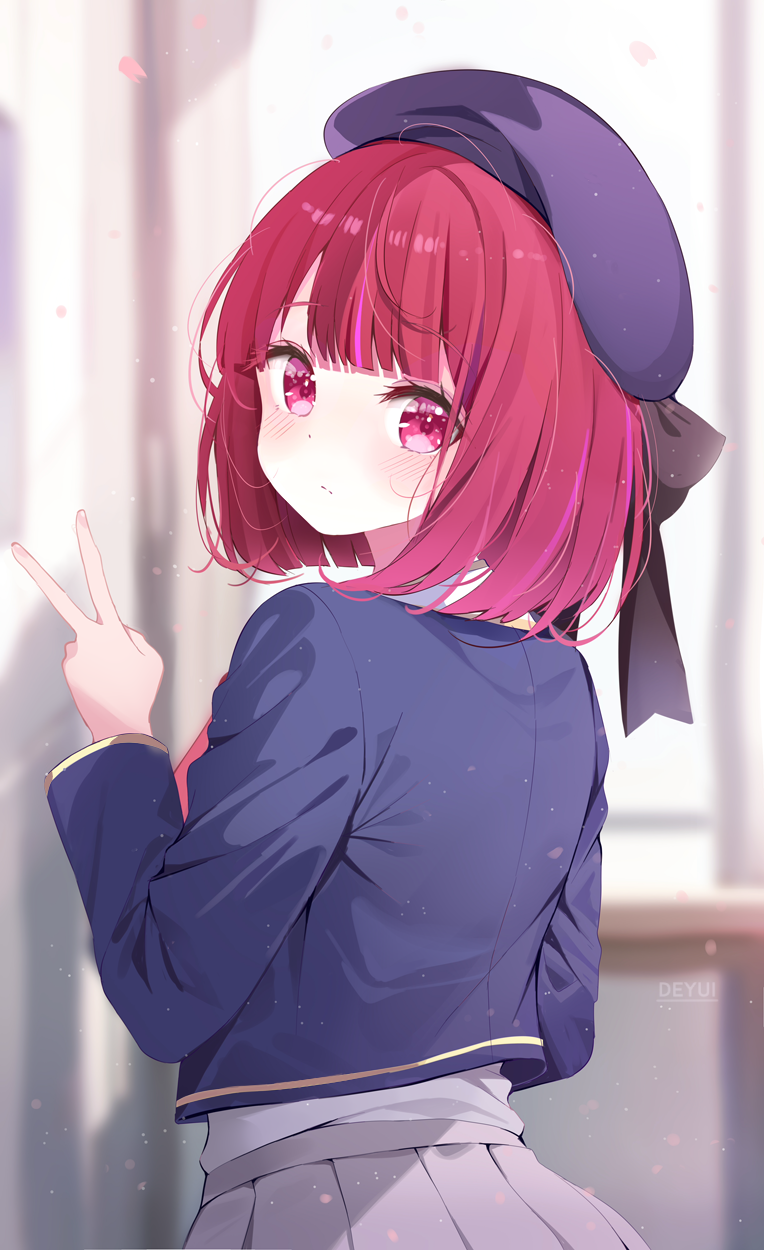 1girl arima_kana artist_name back beret black_ribbon blue_jacket blunt_ends blurry blurry_background blush closed_mouth commentary_request deyui door fingernails from_behind hand_up hat hat_ribbon highres jacket long_fingernails long_sleeves looking_at_viewer looking_back nail_polish oshi_no_ko pink_nails pleated_skirt purple_headwear purple_skirt red_eyes redhead ribbon school_uniform shirt short_hair skirt smile solo standing v white_shirt window youtou_high_school_uniform